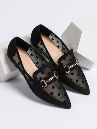 2025 Autumn Women Breathable Polka Dot Snaffle Decor Point Toe Flats, Fashionable Outdoor Mesh Loafer Flats