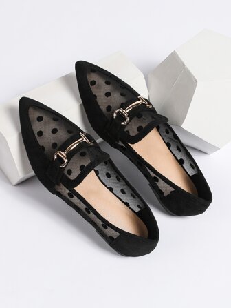 2025 Höst Dam Andningsbara Polka Dot Snaffle Decor Point Toe Flats, Fashionabla Outdoor Mesh Loafer Flats