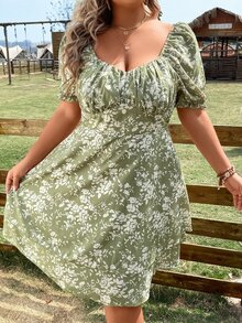 SHEIN Holidaya 大碼印花胸部褶皺泡泡袖洋裝 - 薄荷綠 - 查看 5