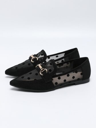 2025 Höst Dam Andningsbara Polka Dot Snaffle Decor Point Toe Flats, Fashionabla Outdoor Mesh Loafer Flats