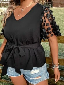 SHEIN LUNE Plus Appliques Contrast Mesh Belted Blouse - Black - View 5