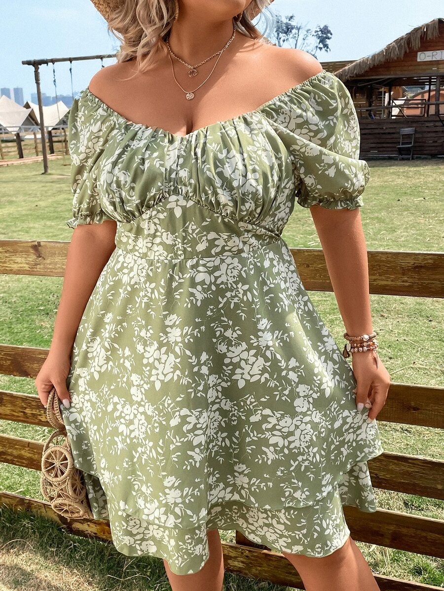 SHEIN Holidaya 大碼印花胸部褶皺泡泡袖洋裝 - 薄荷綠 - 查看 1