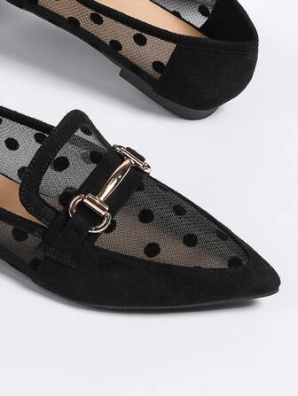 2025 Höst Dam Andningsbara Polka Dot Snaffle Decor Point Toe Flats, Fashionabla Outdoor Mesh Loafer Flats