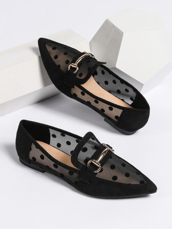 2025 Autumn Women Breathable Polka Dot Snaffle Decor Point Toe Flats, Fashionable Outdoor Mesh Loafer Flats