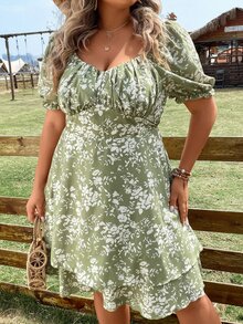 SHEIN Holidaya 大碼印花胸部褶皺泡泡袖洋裝 - 薄荷綠 - 查看 6