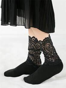 蕾絲拼接中筒襪 - 黑色 - 查看 2