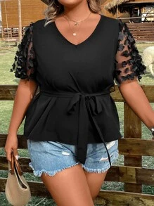 SHEIN LUNE Plus Appliques Contrast Mesh Belted Blouse - Black - View 7