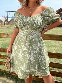 SHEIN Holidaya 大碼印花胸部褶皺泡泡袖洋裝 - 薄荷綠 - 查看 7