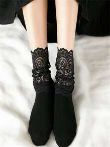 蕾絲拼接中筒襪 - 黑色 - 查看 3