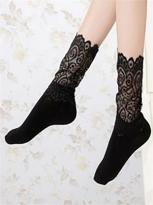 蕾絲拼接中筒襪 - 黑色 - 查看 4