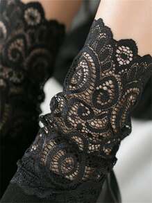 蕾絲拼接中筒襪 - 黑色 - 查看 5