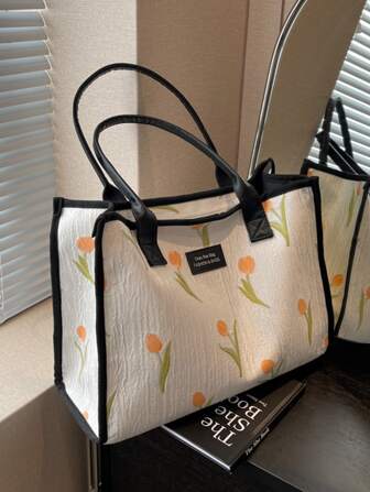 花卉圖案字母貼飾單肩托特包