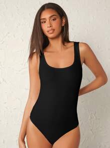 SHEIN BASICS Solid Scoop Neck Tank Bodysuit - Black - View 1