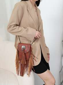 Bolsa cuadrada mini tachuela & con diseño de fleco con solapa - Marrón - Ver 2