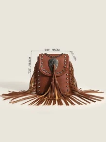 Bolsa cuadrada mini tachuela & con diseño de fleco con solapa - Marrón - Ver 3