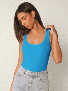 SHEIN BASICS Solid Scoop Neck Tank Bodysuit - Blue - View 3
