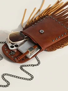 Bolsa cuadrada mini tachuela & con diseño de fleco con solapa - Marrón - Ver 4