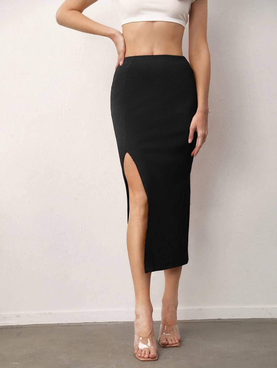 SHEIN BASICS Solid Split Thigh Skirt - Black - View 1