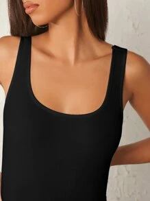 SHEIN BASICS Solid Scoop Neck Tank Bodysuit - Black - View 6