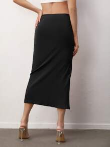 SHEIN BASICS Solid Split Thigh Skirt - Black - View 2