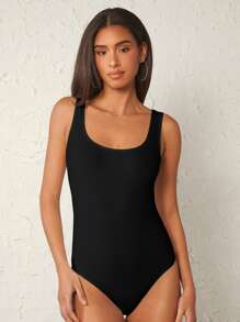 SHEIN BASICS Solid Scoop Neck Tank Bodysuit - Black - View 7