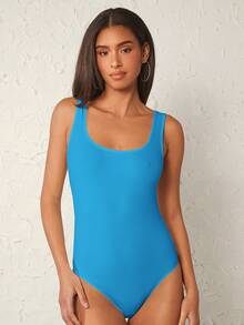 SHEIN BASICS Solid Scoop Neck Tank Bodysuit - Blue - View 7