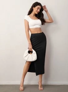 SHEIN BASICS Solid Split Thigh Skirt - Black - View 3