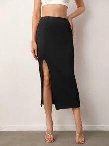 SHEIN BASICS Solid Split Thigh Skirt - Black - View 4