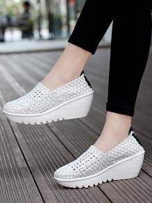 運動白色坡跟運動鞋適用於女士編織細節勾織運動鞋 - 銀色 - 查看 3