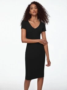SHEIN BASICS Solid V Neck Bodycon Dress - Black - View 2