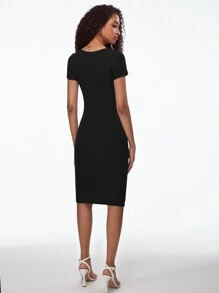 SHEIN BASICS Solid V Neck Bodycon Dress - Black - View 6