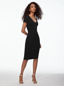 SHEIN BASICS Solid V Neck Bodycon Dress - Black - View 4