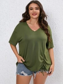 SHEIN LUNE 大碼前抽繩落肩T恤 - 軍綠色 - 查看 4