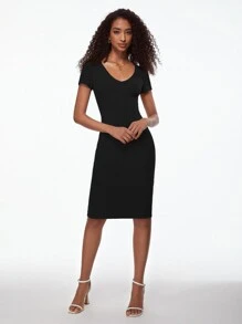 SHEIN BASICS Solid V Neck Bodycon Dress - Black - View 5