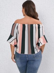 SHEIN LUNE Plus Striped Off Shoulder Knot Hem Blouse - Multicolor - View 3