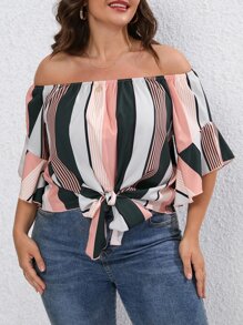 SHEIN LUNE Plus Striped Off Shoulder Knot Hem Blouse - Multicolor - View 4