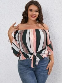 SHEIN LUNE Plus Striped Off Shoulder Knot Hem Blouse - Multicolor - View 5