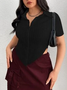 SHEIN EZwear Plus Solid Button Front Bandana Hem Crop Tee - Black - View 4