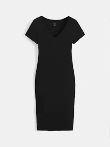 SHEIN BASICS Solid V Neck Bodycon Dress - Black - View 1