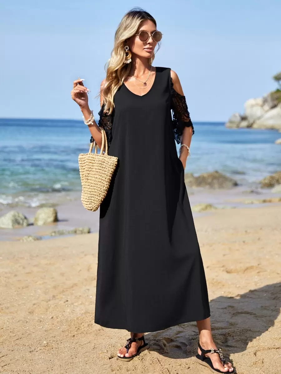 EMERY ROSE Contrast Lace Cold Shoulder Dress - Black - View 1