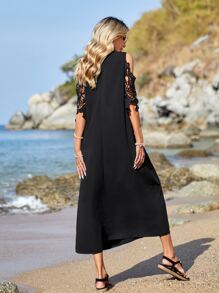 EMERY ROSE Contrast Lace Cold Shoulder Dress - Black - View 2