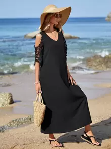 EMERY ROSE Contrast Lace Cold Shoulder Dress - Black - View 3