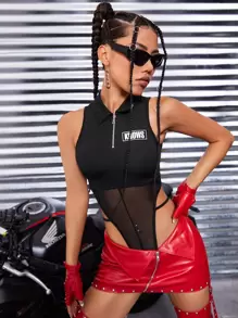SHEIN ICON 字母圖案網紗拼接前拉鏈連體衣 - 黑色 - 查看 3