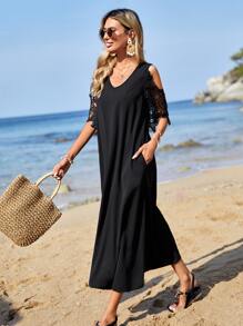 EMERY ROSE Contrast Lace Cold Shoulder Dress - Black - View 5