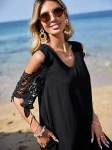 EMERY ROSE Contrast Lace Cold Shoulder Dress - Black - View 6