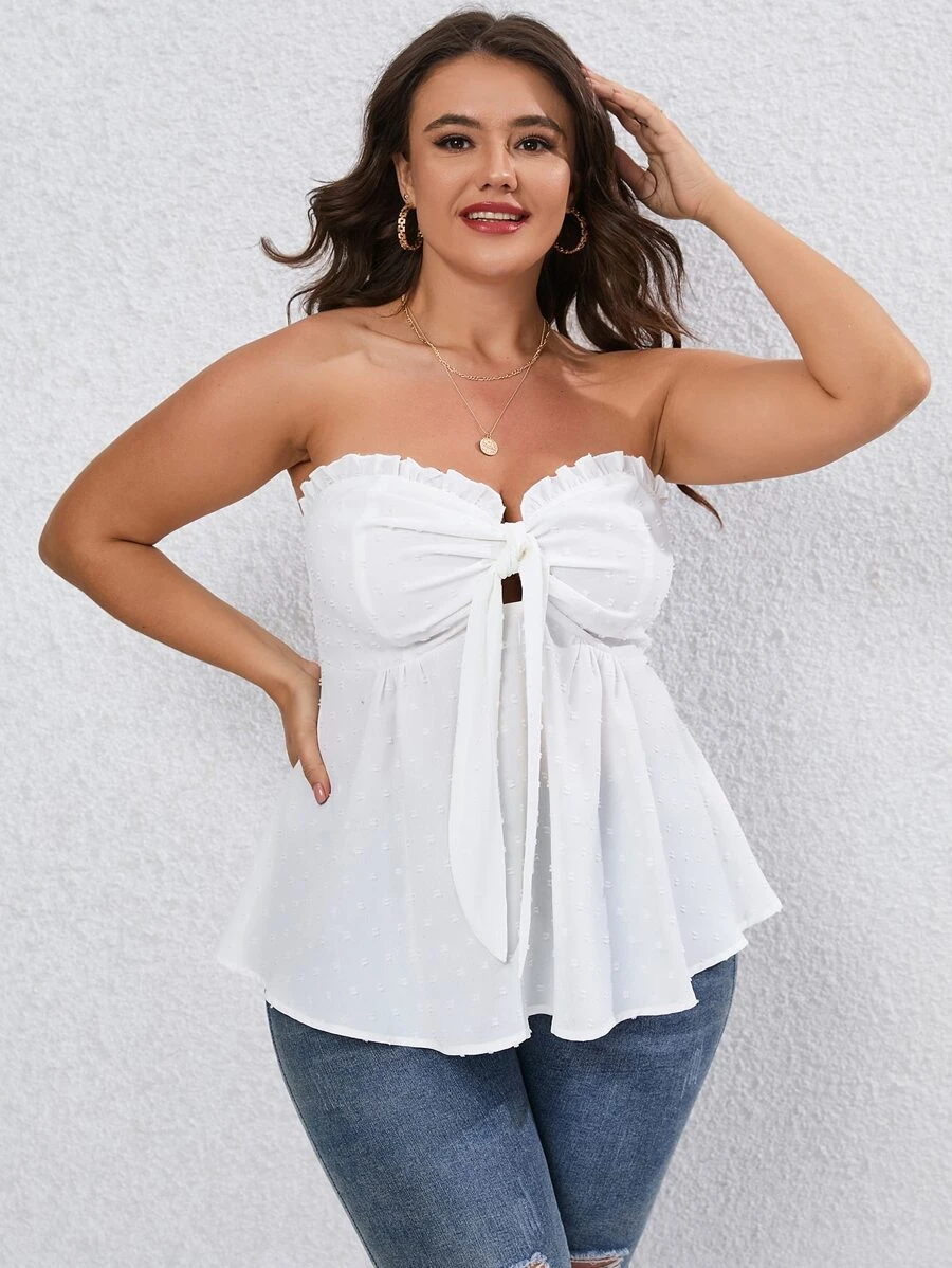 SHEIN Holidaya Plus Frill Trim Knot Front Peplum Tube Top - White - View 1