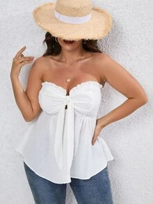 SHEIN Holidaya Plus Frill Trim Knot Front Peplum Tube Top - White - View 3