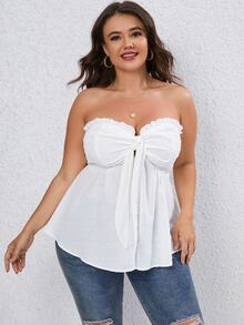 SHEIN Holidaya Plus Frill Trim Knot Front Peplum Tube Top - White - View 4