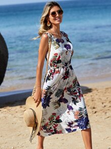 SHEIN LUNE Tropical Print Drawstring Waist Dress - Multicolor - View 6