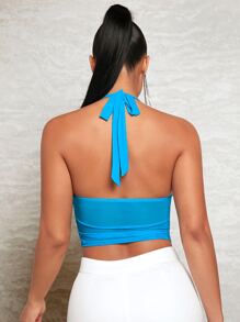 SHEIN BAE Áo khoác và áo lót dành cho xe tăng nữ Lộ Lưng Xù Buộc lại màu trơn Gợi cảm - Màu xanh lam - Xem 2